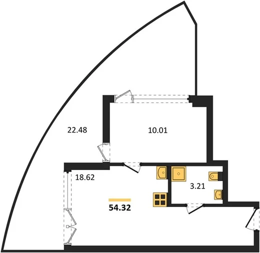 Апартаменты 1-комн. 54.32 кв. м