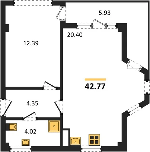 Квартира 1-комн. 42.77 кв. м