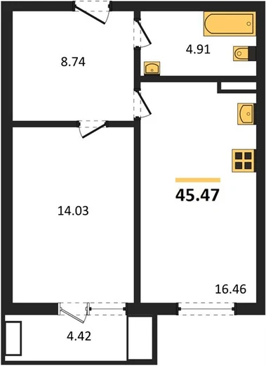 Квартира 1-комн. 45.47 кв. м