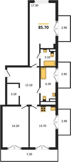 Квартира 2-комн. 85.7 кв. м