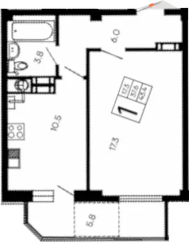 Квартира 1-комн. 43.4 кв. м