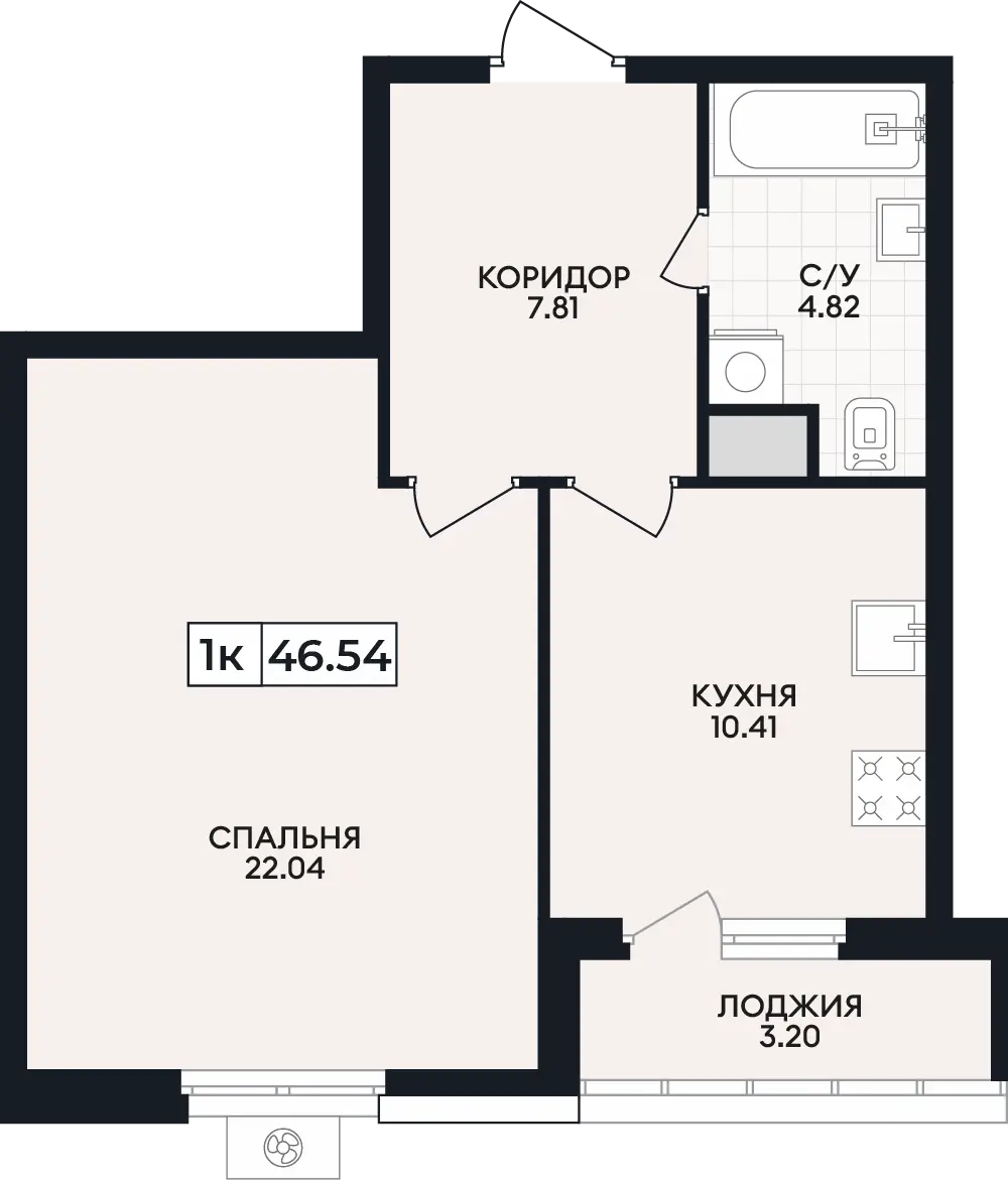 Квартира 1-комн. 46.54 кв. м