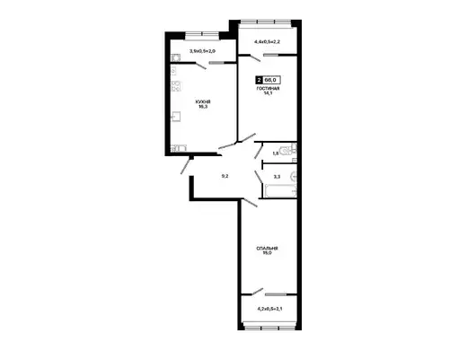 Квартира 2-комн. 66 кв. м