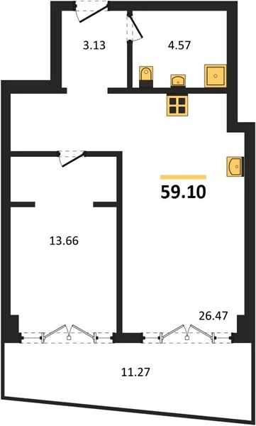 Апартаменты 1-комн. 61.04 кв. м