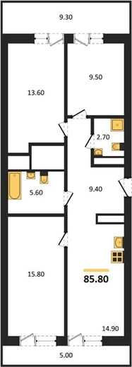 Квартира 3-комн. 85.8 кв. м