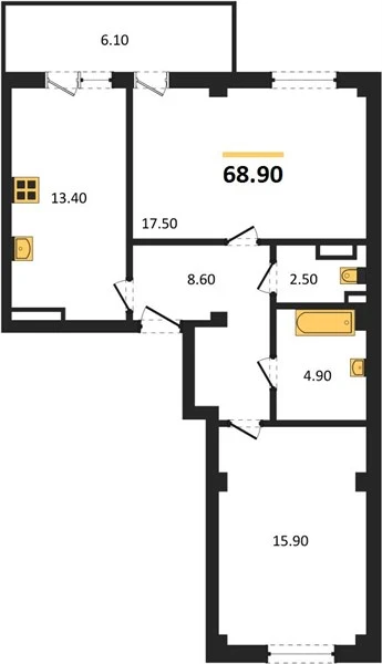 Квартира 2-комн. 68.9 кв. м