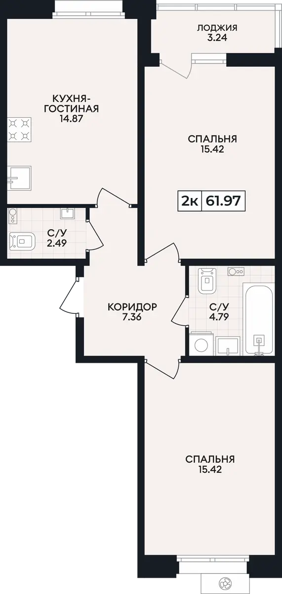 Квартира 2-комн. 61.97 кв. м