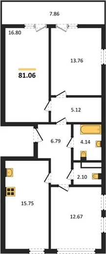 Квартира 3-комн. 81.06 кв. м
