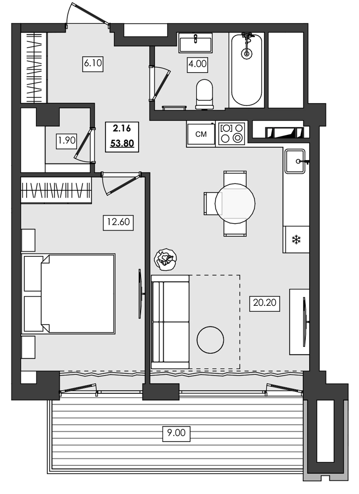 Апартаменты 2-комн. 53.8 кв. м