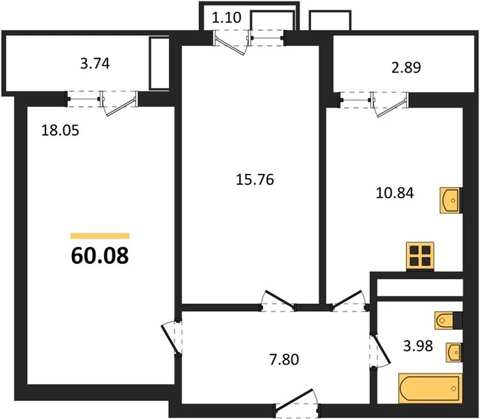 Квартира 2-комн. 60.08 кв. м