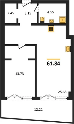 Апартаменты 1-комн. 61.84 кв. м