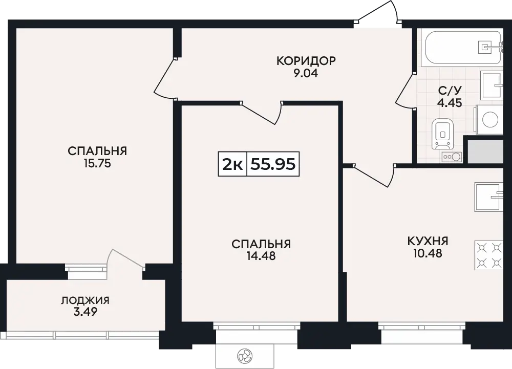 Квартира 2-комн. 55.95 кв. м