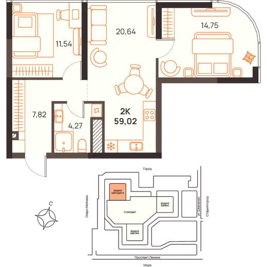 Квартира 2-комн. 59.02 кв. м