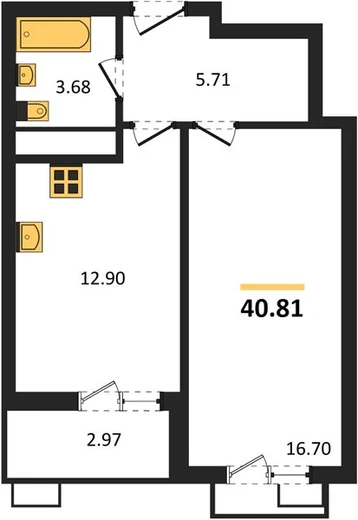 Квартира 1-комн. 40.81 кв. м