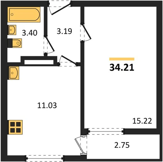 Квартира 1-комн. 34.21 кв. м