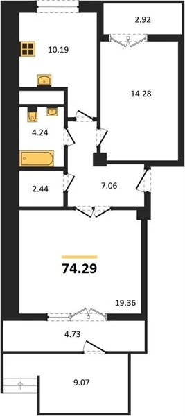 Квартира 2-комн. 74.29 кв. м