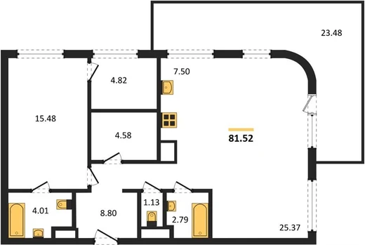 Квартира 1-комн. 81.52 кв. м