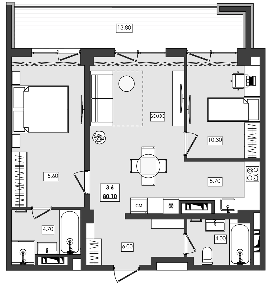 Апартаменты 3-комн. 80.1 кв. м