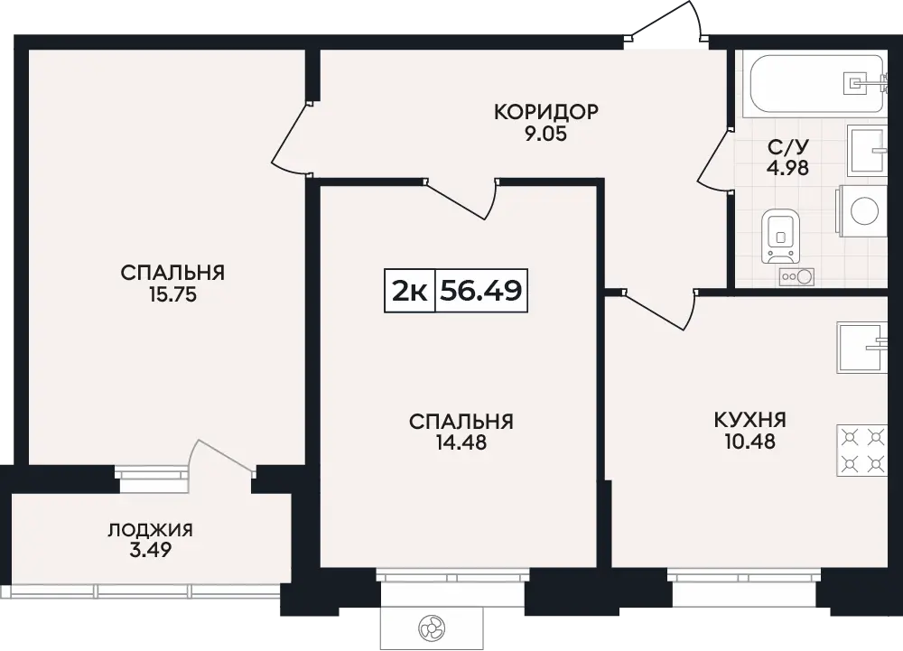 Квартира 2-комн. 56.49 кв. м