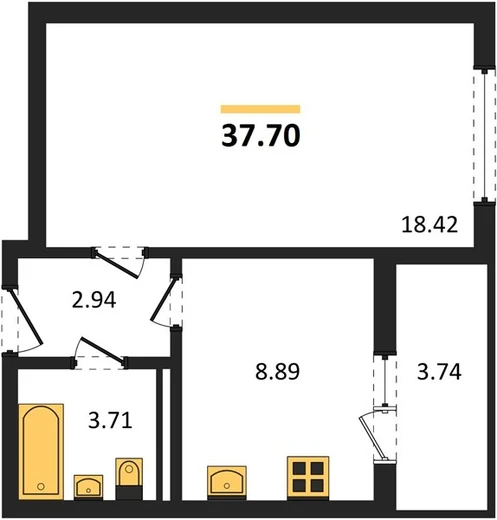 Квартира 1-комн. 37.7 кв. м
