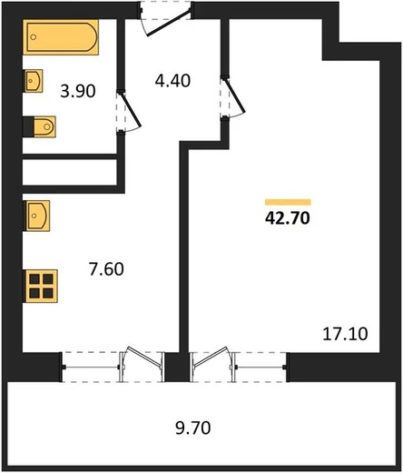 Квартира 1-комн. 42.7 кв. м