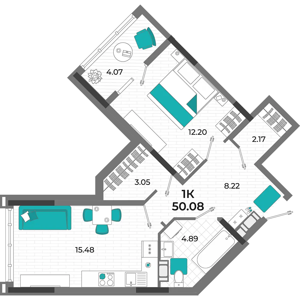 Квартира 1-комн. 50.08 кв. м