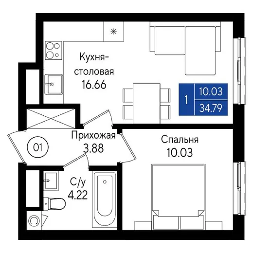 Квартира 1-комн. 34.79 кв. м