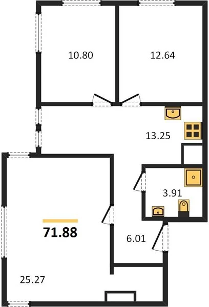 Апартаменты 3-комн. 71.88 кв. м