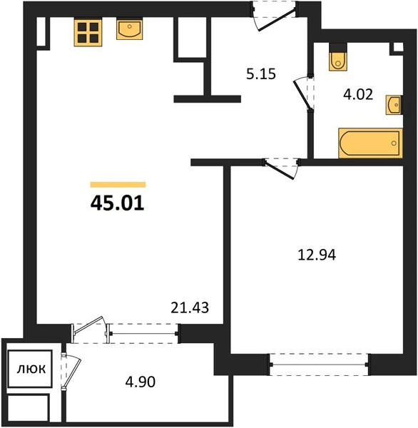 Квартира 1-комн. 45.01 кв. м