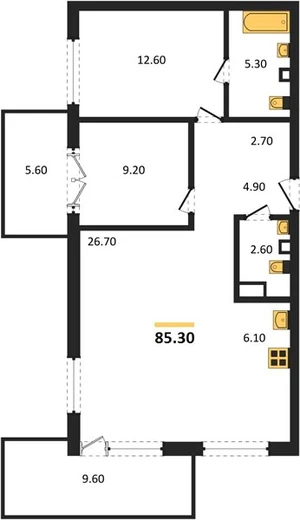 Квартира 2-комн. 85.3 кв. м