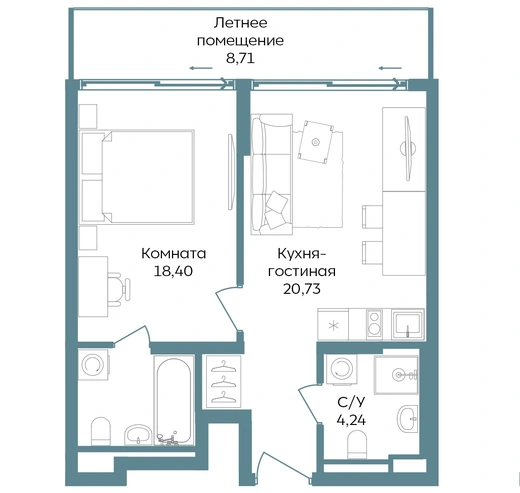 Апартаменты 2-комн. 52.08 кв. м