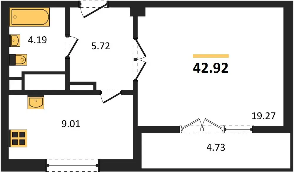Квартира 1-комн. 42.92 кв. м