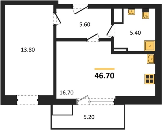 Квартира 1-комн. 46.7 кв. м