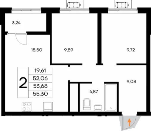 Квартира 2-комн. 55.3 кв. м