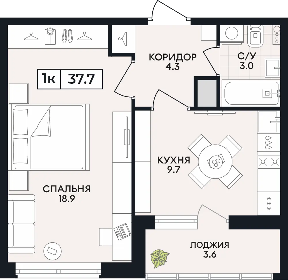Квартира 1-комн. 37.7 кв. м