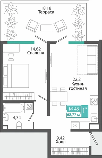 Квартира 1-комн. 68.77 кв.м
