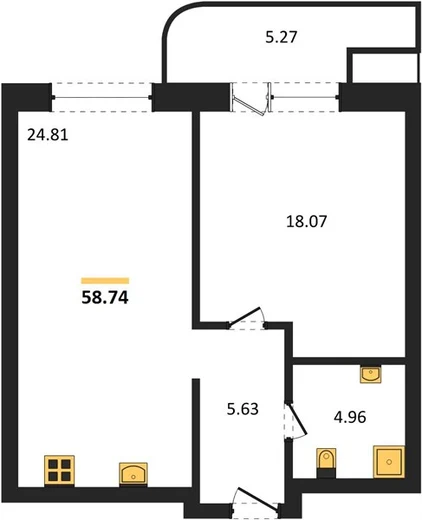 Апартаменты 1-комн. 58.74 кв. м