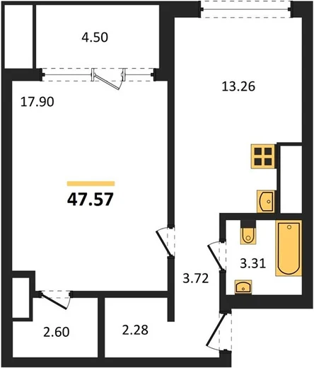 Квартира 1-комн. 47.57 кв. м