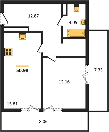 Квартира 1-комн. 50.98 кв. м
