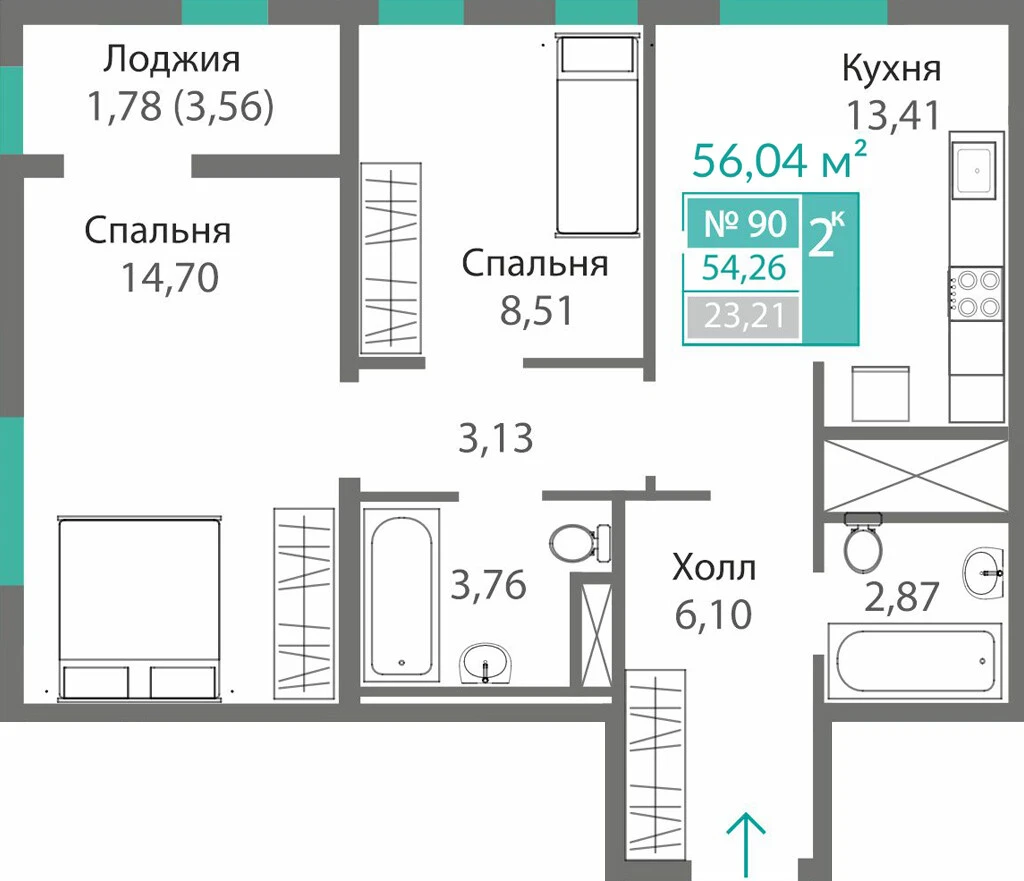 Квартира 2-комн. 54.26 кв.м