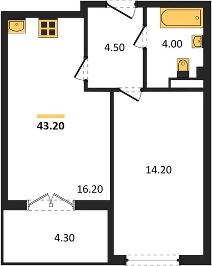 Квартира 1-комн. 43.2 кв. м