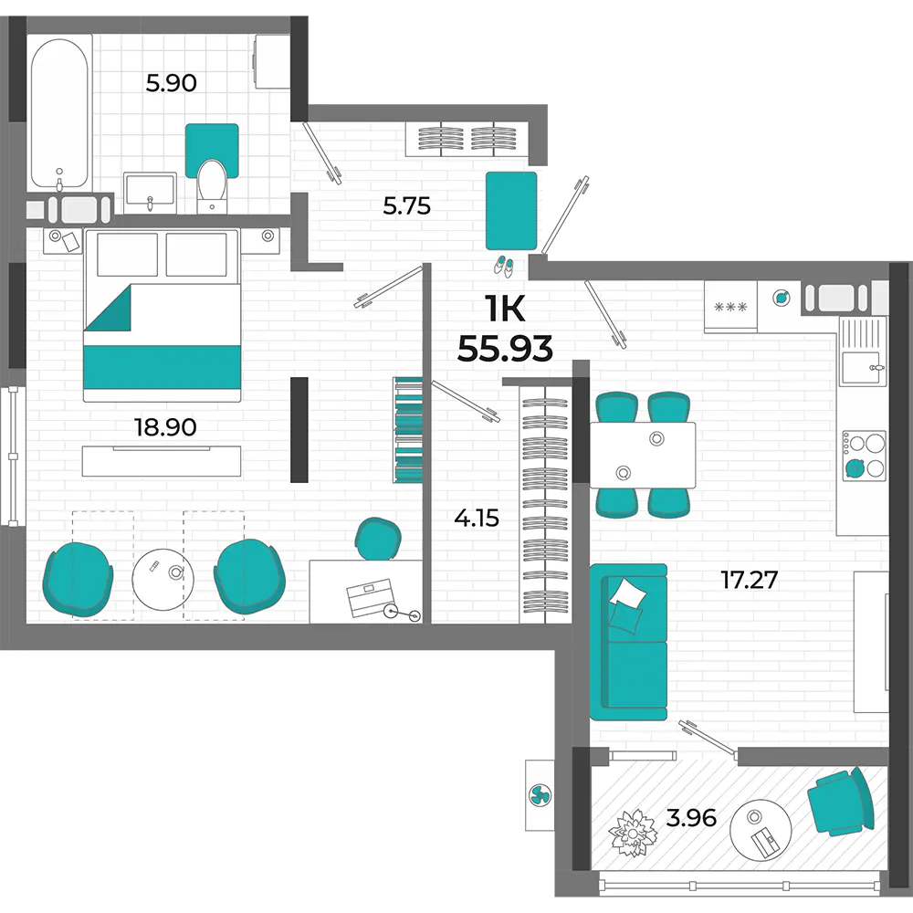 Квартира 1-комн. 55.93 кв. м