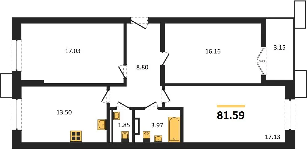 Квартира 3-комн. 81.59 кв. м