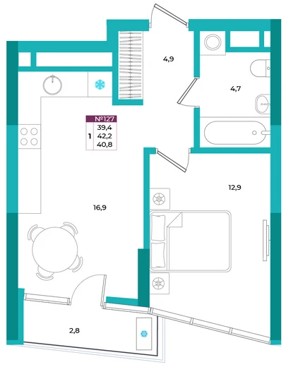 Квартира 1-комн. 40.8 кв.м