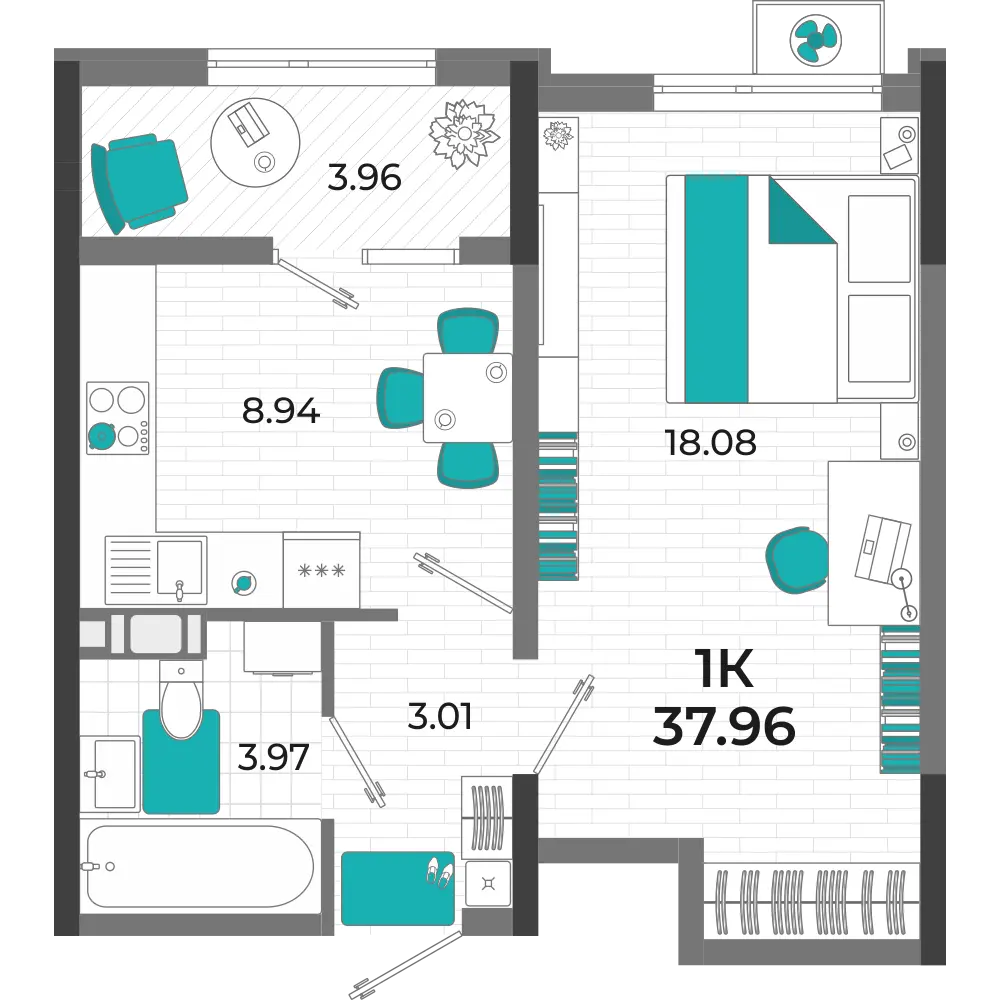 Квартира 1-комн. 37.96 кв. м