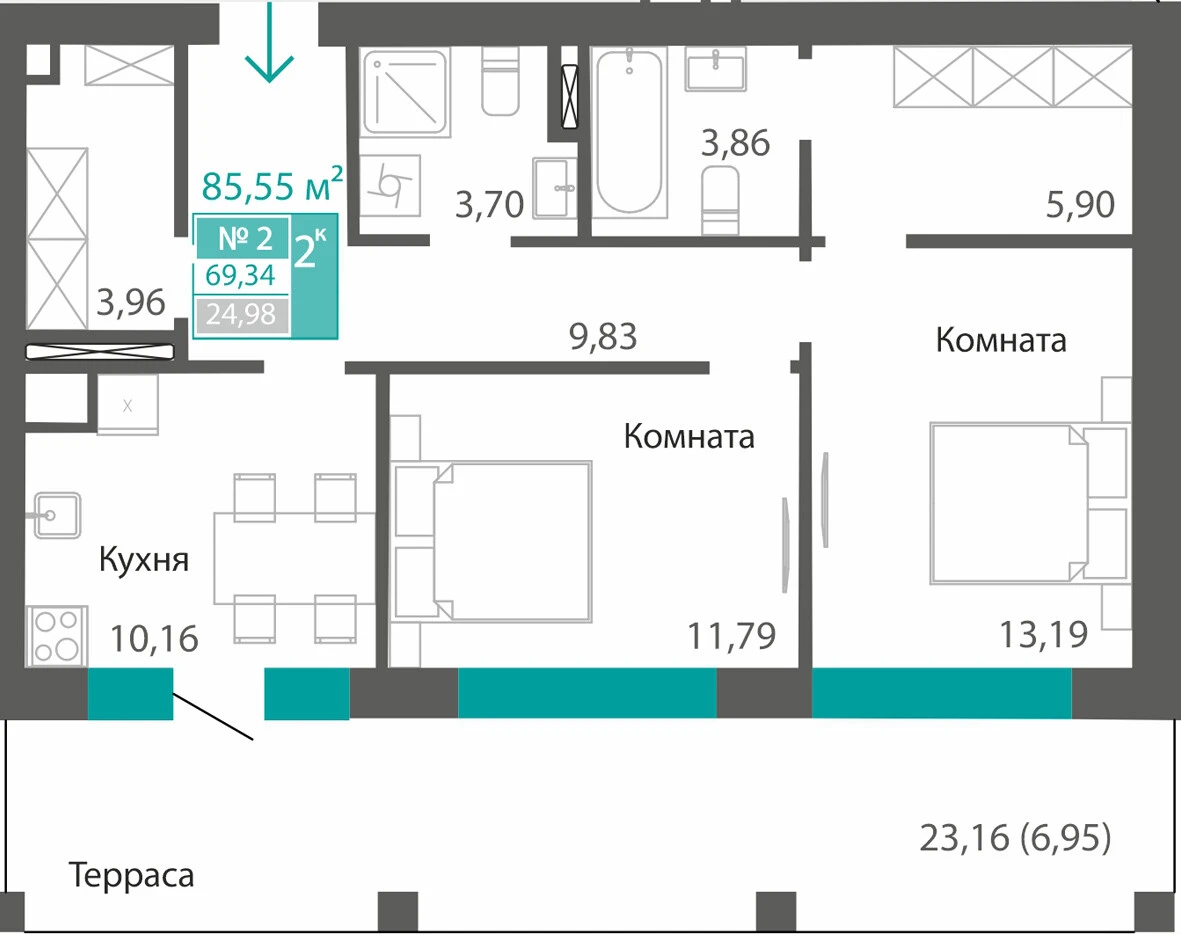 Квартира 2-комн. 69.34 кв.м