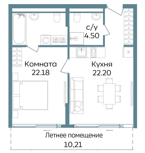 Апартаменты 2-комн. 59.09 кв. м