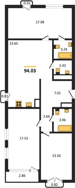 Квартира 3-комн. 94.03 кв. м