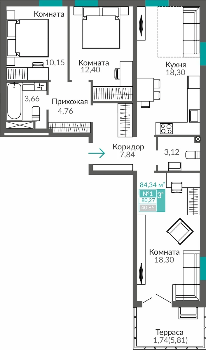 Квартира 3-комн. 80.27 кв.м