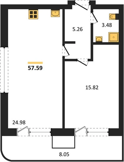 Апартаменты 1-комн. 57.59 кв. м